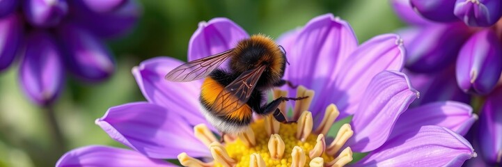 Close-up of a bumble bee collecting pollen from the center of a large purple lupine flower with vibrant colors and textured petals, purple lupine, insects