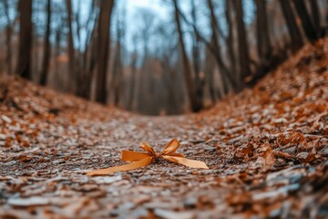 Golden ribbon amid autumn leaves in a tranquil forest pathway