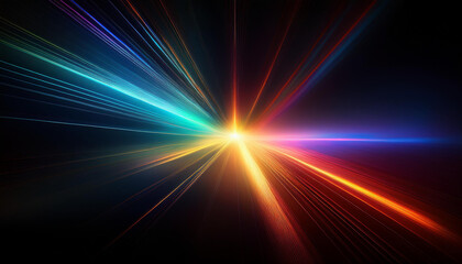 Obraz premium Abstract image of colorful light beams at a central point on a dark background. Illustration of high speed concept. Motion light effect for banners curved light trail stretched fast speed car.