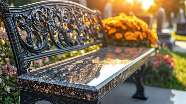 Ornate bench with flowers at sunset in a cemetery, memorial use