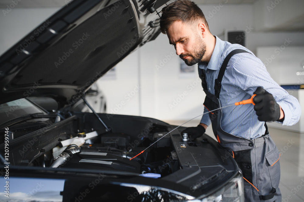 Poster Troubleshooting process. Auto mechanic working in garage. Repair service