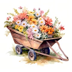 Wheelbarrow with Flowers clipart. Creative Generative Watercolor illustration. Detailed illustration