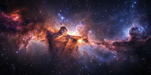 Naklejka premium A stunning cosmic view of a nebula filled with swirling clouds of gas and dust. The celestial colors are vibrant. This artwork represents the beauty of space. AI