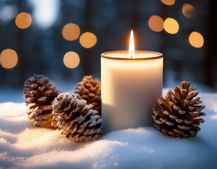 cozy winter scene with a lit candle and pine cones on snow for a peaceful holiday atmosphere