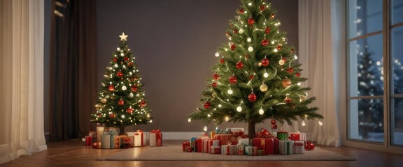 Christmas tree decorated with ornaments and lights, peaceful atmosphere, holly berries , elegant centerpiece