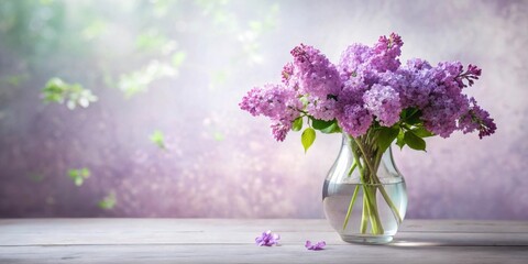Fototapeta premium A lovely springtime bouquet of purple lilac blossoms in a clear glass vase sits on a rustic wooden surface against a soft purple background.