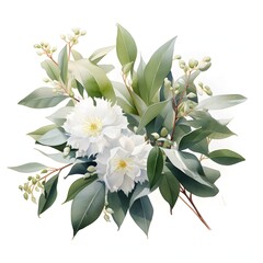 Obraz premium White Flowers And Green Leaves clipart. AI Watercolor Art illustration. Detailed illustration