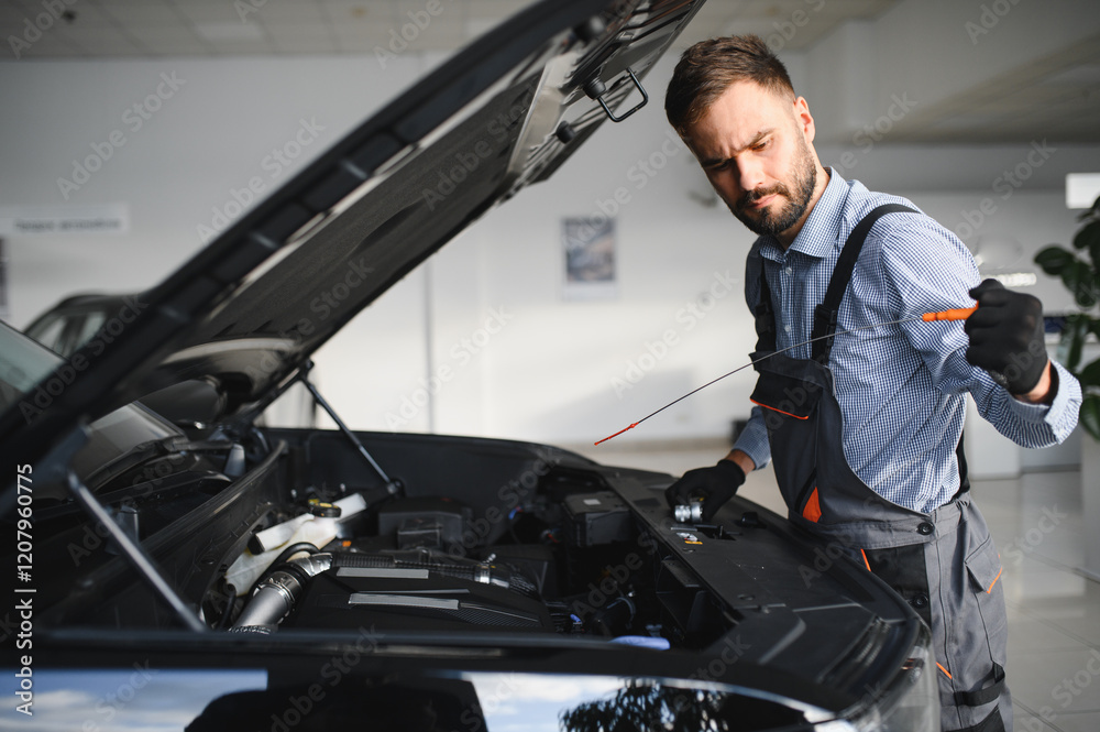 Poster troubleshooting process. auto mechanic working in garage. repair service