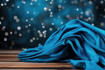 Elegant blue fabric with glittering bokeh background on wooden surface