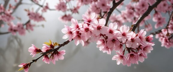 Cherry blossom branch with leaves and stems in soft natural light, flowers, light