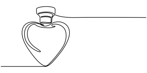 valentine bottle continuous one line drawing, Heart shaped glass bottle continuous line drawing. One line art of perfume, eau de toilette, tester, spray, aroma, pheromones, love potion, feelings, pro.