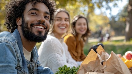 Obraz premium Young adults promoting environmental awareness through a zero-waste picnic in nature