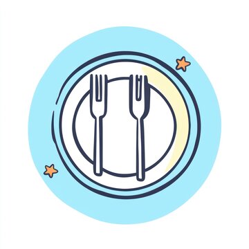 recommend clip art: Two forks on a plate, dining icon, food design element, light blue background