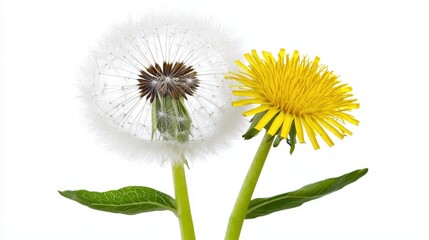 Fototapeta premium Dandelion Puff on White Background Against Bright Yellow Flower