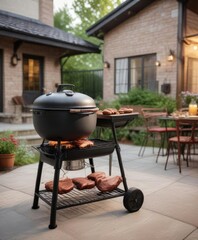 Charcoal kettle grill on backyard patio with prepared meat ready for grilling, prepared food, grilled meats, barbecue