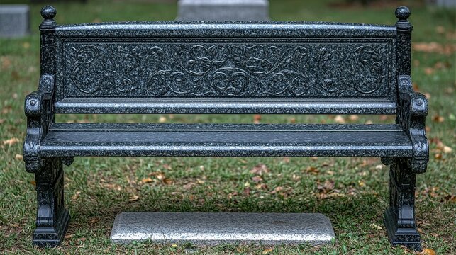 Ornate granite bench in cemetery with tombstones in background, resting place