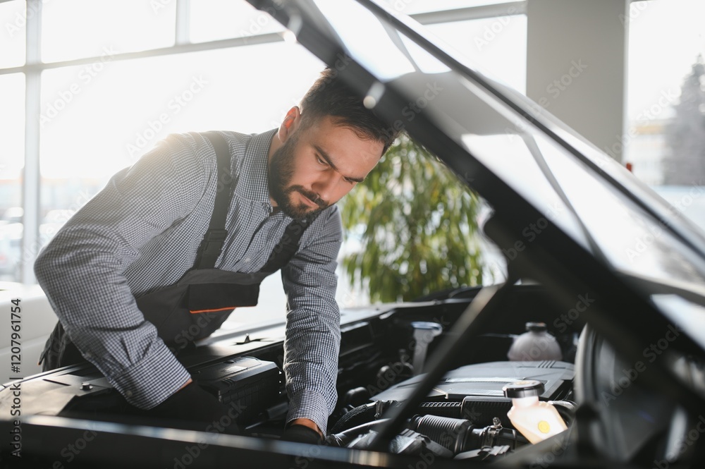Poster troubleshooting process. auto mechanic working in garage. repair service