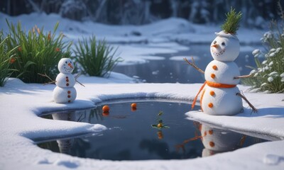 Obraz premium Carrot and snowman on the edge of a frozen pond, landscape, serene, carrot