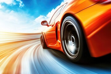 Speeding orange sports car on a curved race track in bright daylight