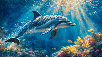 Fototapeta premium Close-up of a single dolphin underwater, Rays of sunlight penetrating the surface