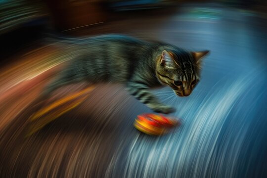 Fast-running tabby cat chasing toy indoors in action-packed motion blur shot