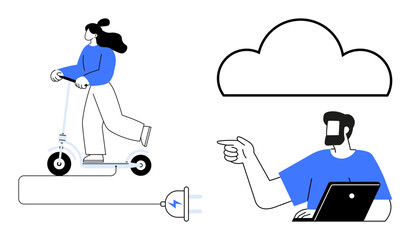 Woman riding electric scooter connected to power, man pointing while using laptop, and cloud symbol. Ideal for technology, connectivity, innovation, modern commute, cloud computing, remote work
