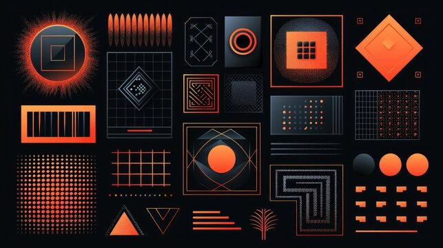 A collection of abstract geometric shapes and patterns in orange on a black background.