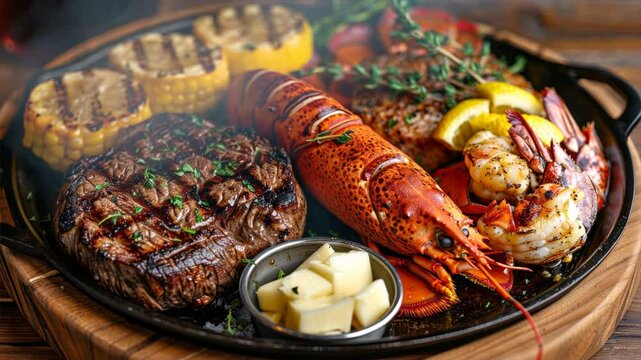 Gourmet grilled seafood and meat platter with lobster, shrimp, steak, and corn, creating vibrant and mouthwatering barbecue feast perfect for gatherings.