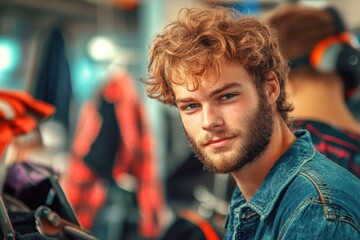Fototapeta premium Caucasian young male with curly hair and beard in casual setting