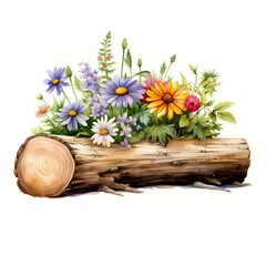 Obraz premium Wildflowers on Log clipart. AI Watercolor Art illustration. Detailed illustration