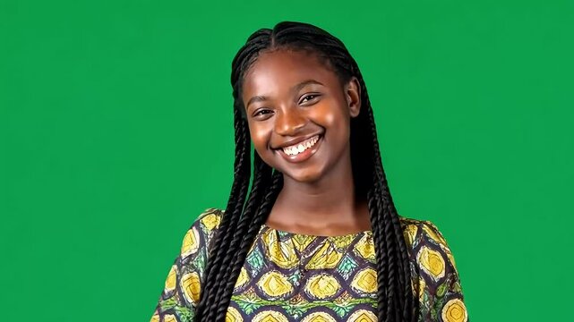 Smiling african woman with long black braids wearing colorful traditional dress, standing against green screen background