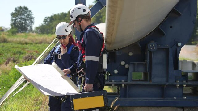 VDO 4K, Engineers in safety gear conduct a detailed inspection of wind turbine blades at a construction site. Large blades are placed on the ground, highlighting the renewable energy technology.