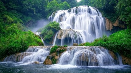 Naklejka premium Majestic waterfall flowing gracefully over rocks surrounded by lush greenery in a serene setting