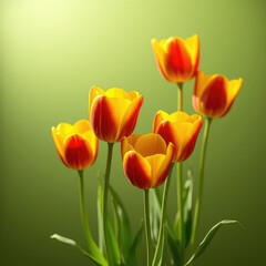 Obraz premium Bright yellow and red tulips with green backdrop, flowers, bright, red, garden, tulips