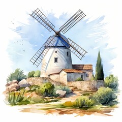 Windmills Provence clipart. AI Watercolor Art illustration. Detailed illustration