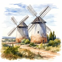 Windmills Provence clipart. Watercolor illustration. AI-Generated Artistic Illustration. Detailed illustration
