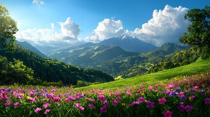 Fototapeta premium Scenic Mountain Landscape with Colorful Flowers and Blue Sky