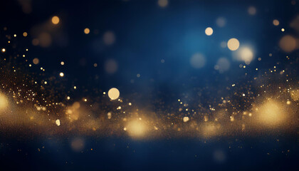 Naklejka premium Elegant abstract background with dark blue and gold particles, Christmas golden light bokeh on navy blue, gold foil texture for holiday themes