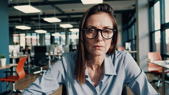 Portrait of a sick and tired mature businesswoman in eyeglasses in an empty office is sitting at the desk and looking sadly at the camera.