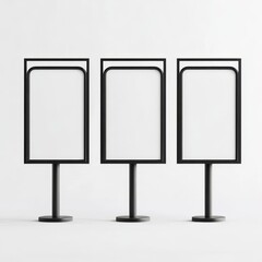 Three blank, freestanding, rectangular signboards with black frames and stands on white background.
