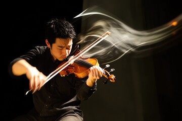Fototapeta premium Young asian male violinist playing with passionate movement and energy