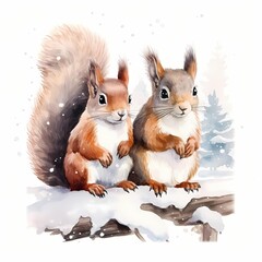Winter Squirrel Couple clipart. Watercolor illustration. Detailed Artistic Graphic illustration