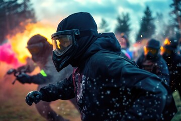 Intense paintball match in forest setting with action-packed moments