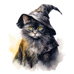 Witch Cat clipart. Watercolor illustration. Detailed illustration
