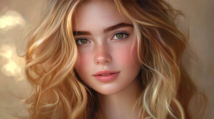 Obraz premium Young woman with long auburn hair, radiant fair skin, and bright teal eyes, gazing confidently at the camera