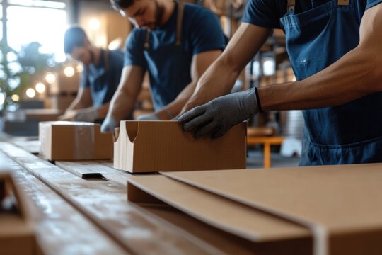 Male workers packing boxes in industrial warehouse setting
