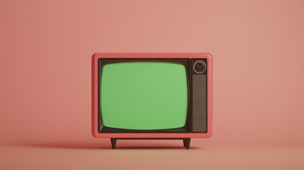 Retro Vintage TV with Green Screen Display on Pink Background for Nostalgic Media Concept Art and Technology Theme Design