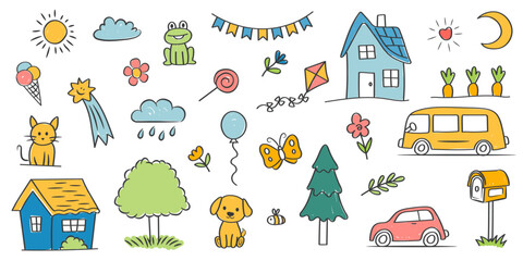 Cute doodle colorful set of chalk children drawings. House, tree, cat, dog on white background. 