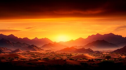 Fototapeta premium Majestic Sunset Over Desert Landscape with Silhouetted Mountains