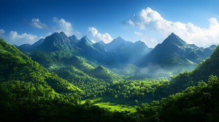 Fototapeta premium Serene Mountain Landscape with Lush Greenery and Clear Blue Sky
